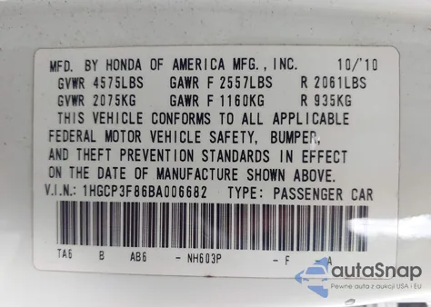 2011 Honda Accord 3.5 Ex-L from USA, damaged, VIN 1HGCP3F86BA006682